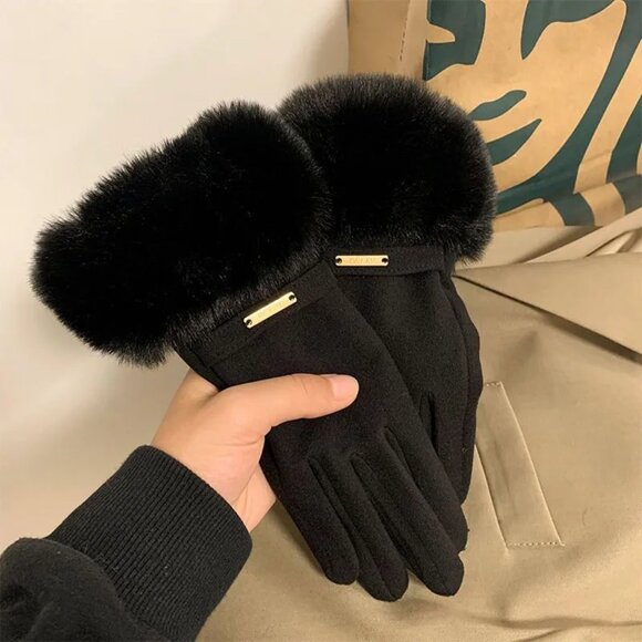 2/$30 Ladies Black Velvet Gloves with Plush Faux Fur Trim Cuffs Autumn Winter - Picture 1 of 5